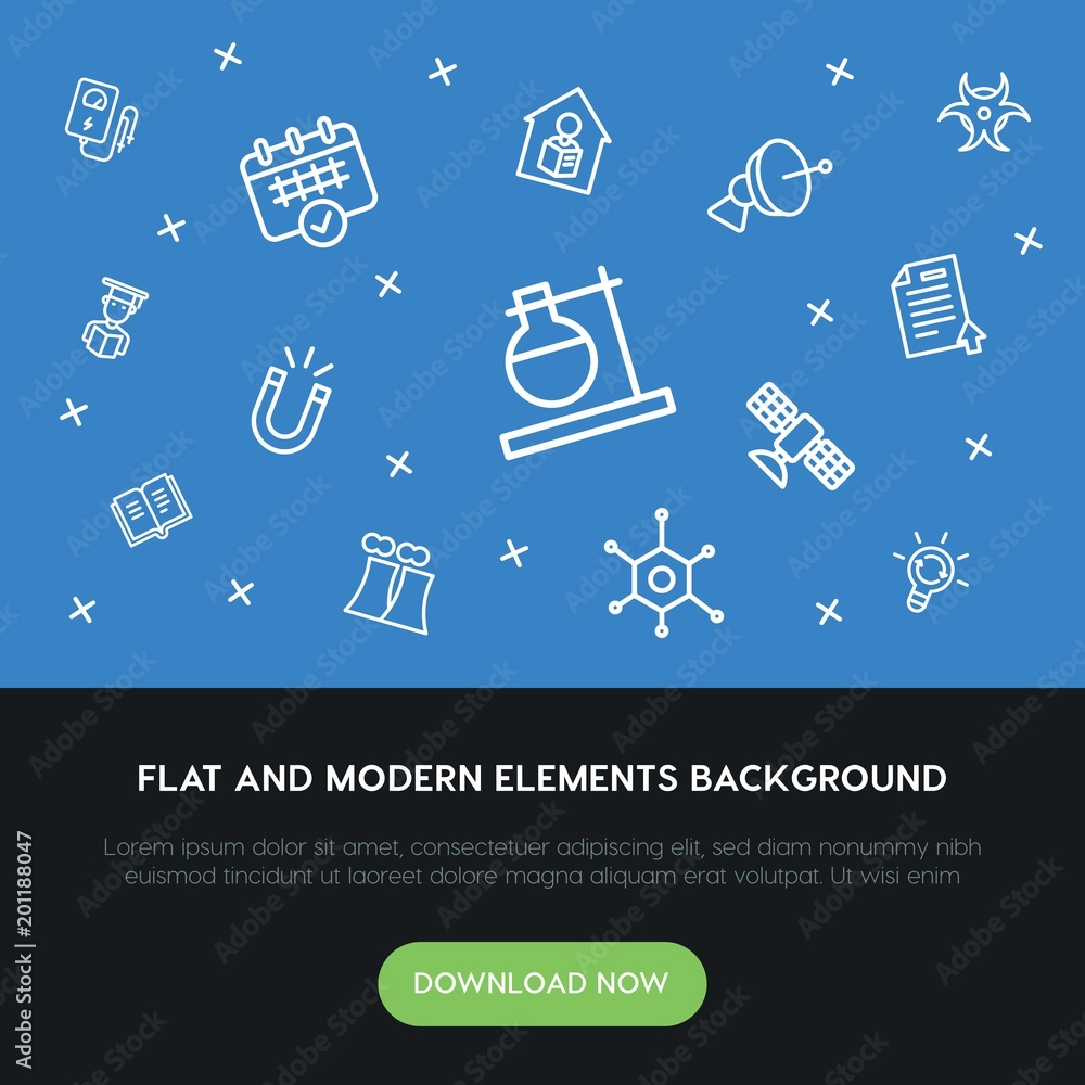 Poster science, education outline vector icons and elements background concept on blue background...multipu