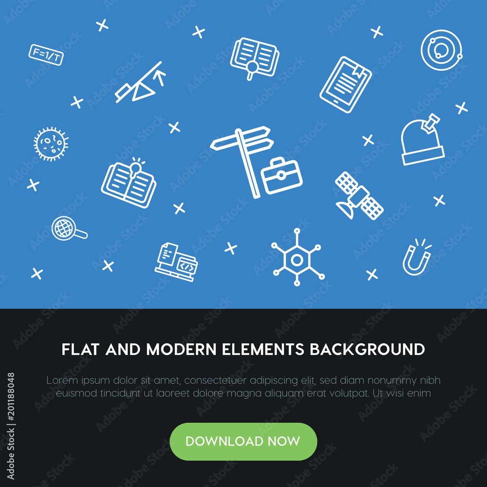 Poster science, education outline vector icons and elements background concept on blue background...multipu