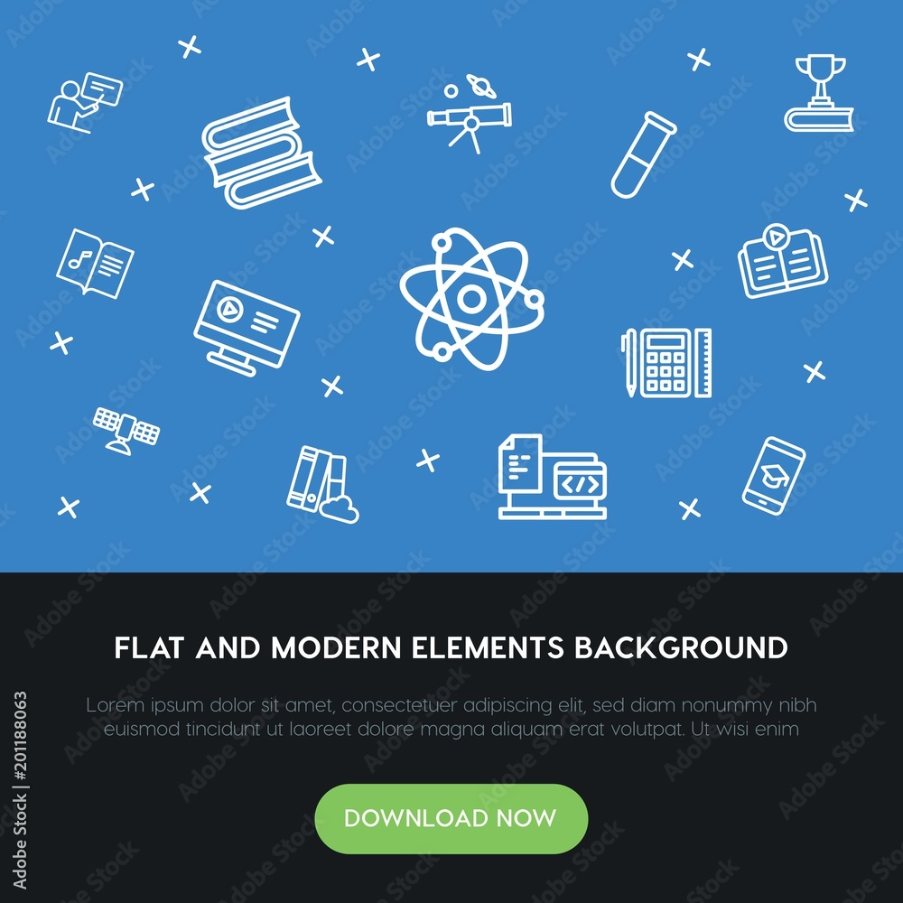 Poster science, education outline vector icons and elements background concept on blue background...multipu