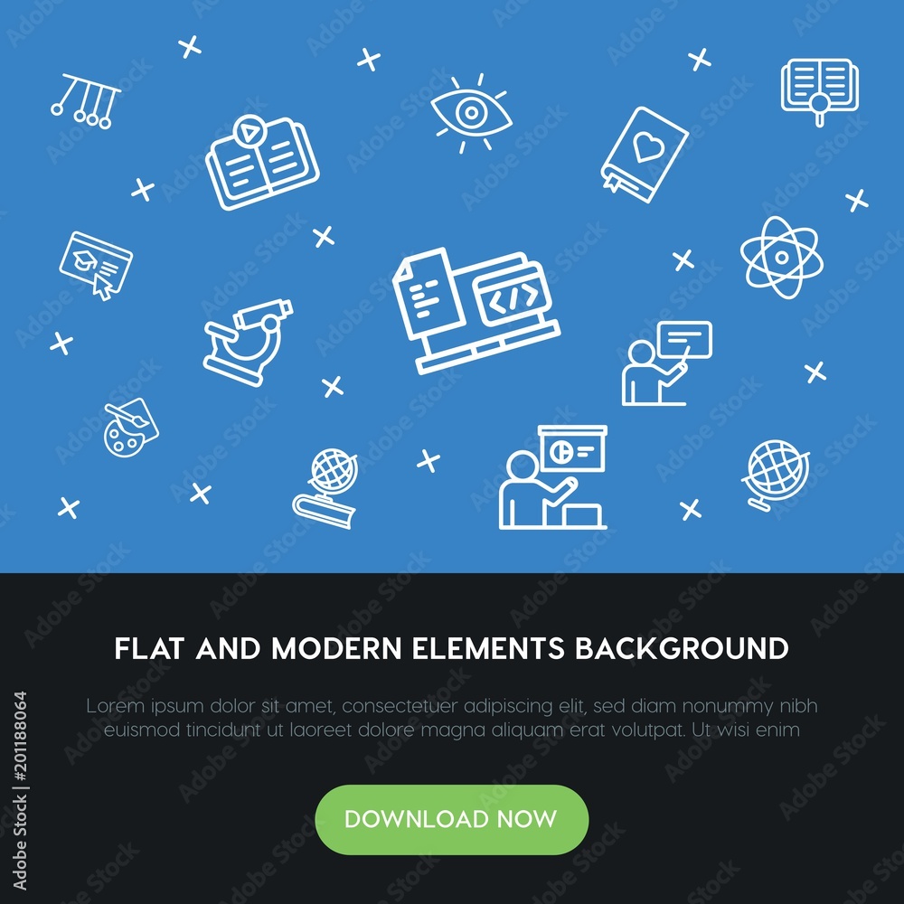 Poster science, education outline vector icons and elements background concept on blue background...multipu