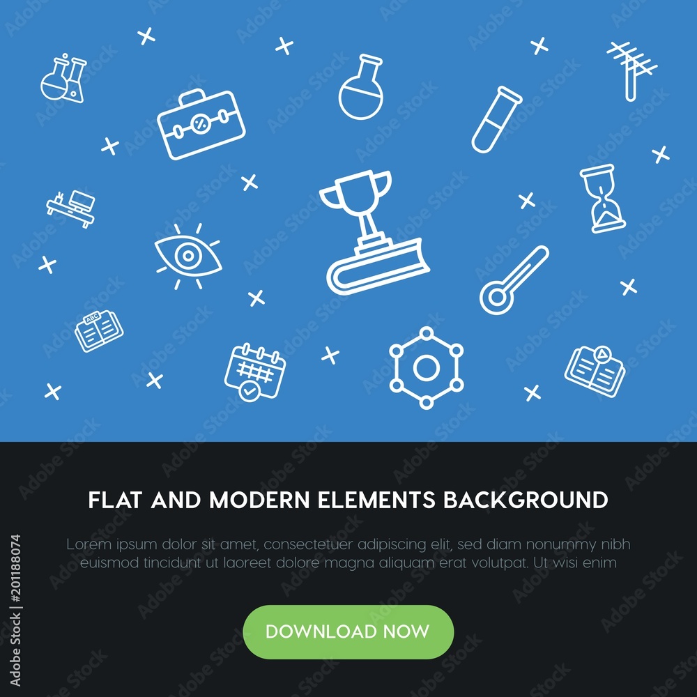 Poster science, education outline vector icons and elements background concept on blue background...multipu