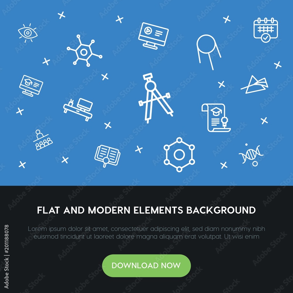 Poster science, education outline vector icons and elements background concept on blue background...multipu