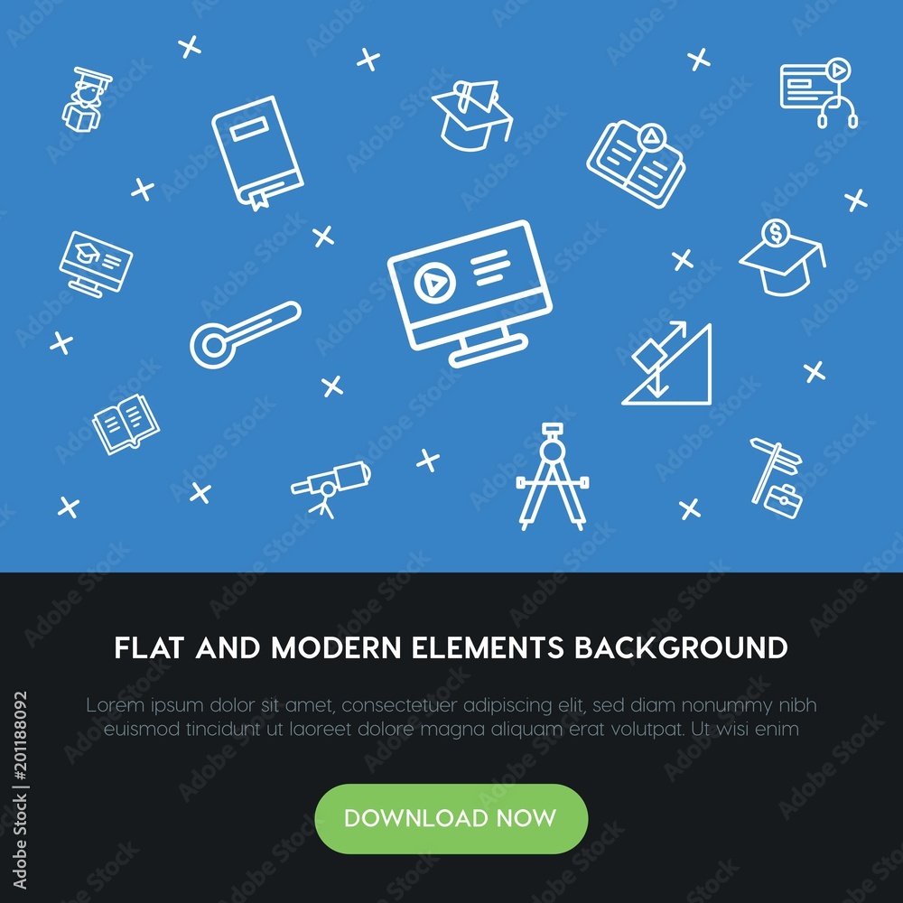 Poster science, education outline vector icons and elements background concept on blue background...multipu