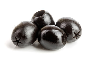 whole black olives isolated on white background macro