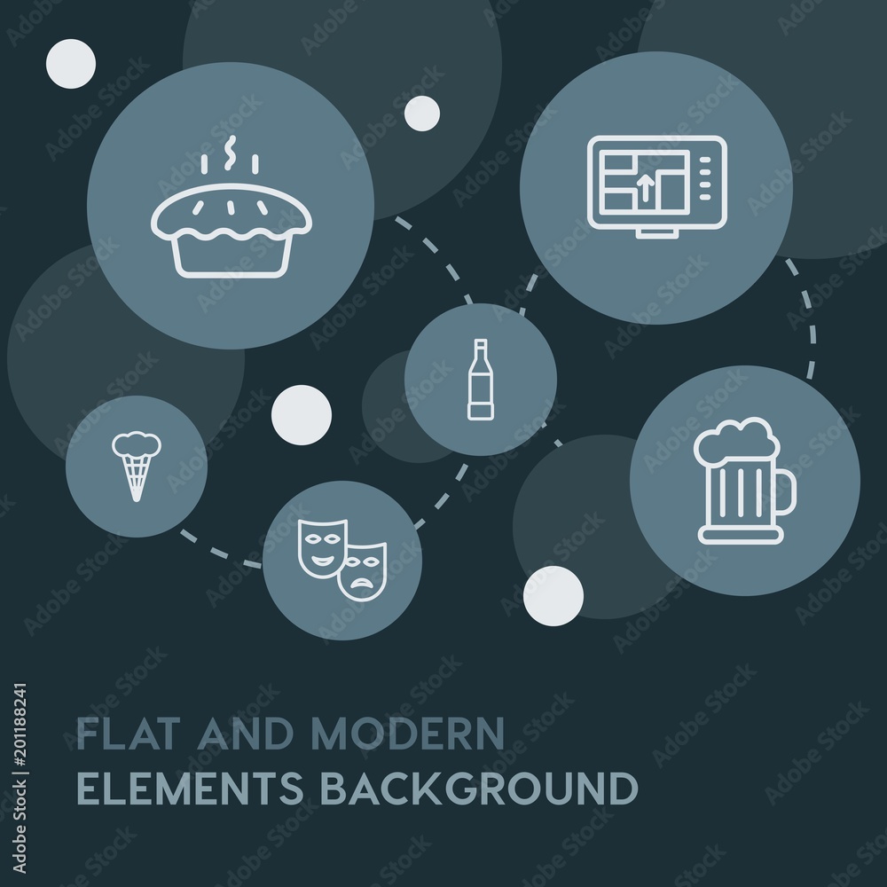 Poster food, drinks, travel outline vector icons and elements background with circle bubbles networks...mul