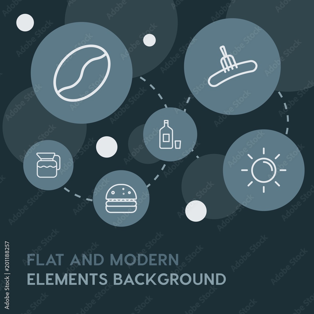 Poster food, drinks, travel outline vector icons and elements background with circle bubbles networks...mul