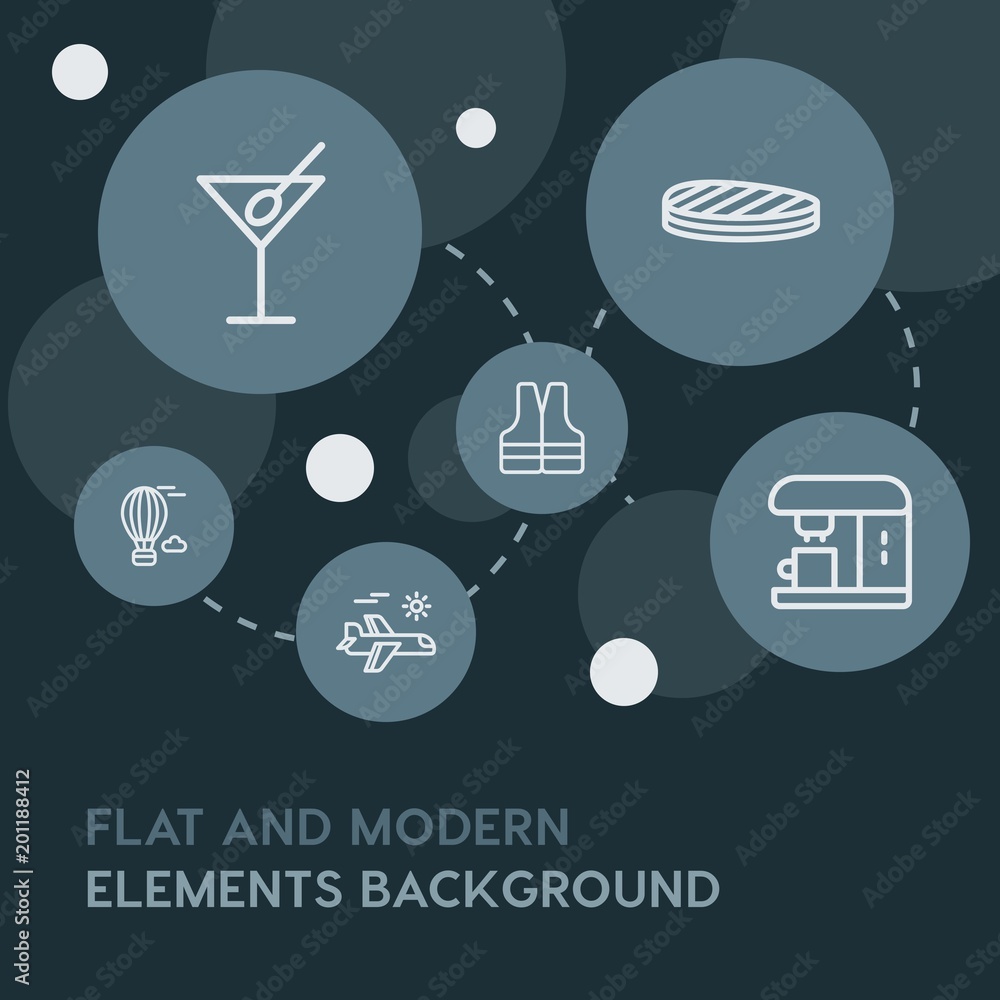 Poster food, drinks, travel outline vector icons and elements background with circle bubbles networks...mul