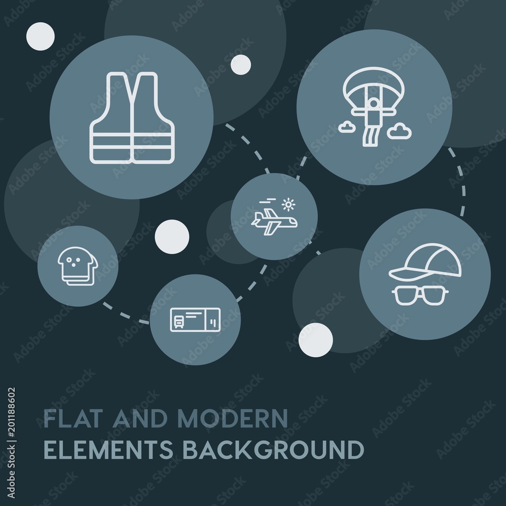Poster food, drinks, travel outline vector icons and elements background with circle bubbles networks...mul