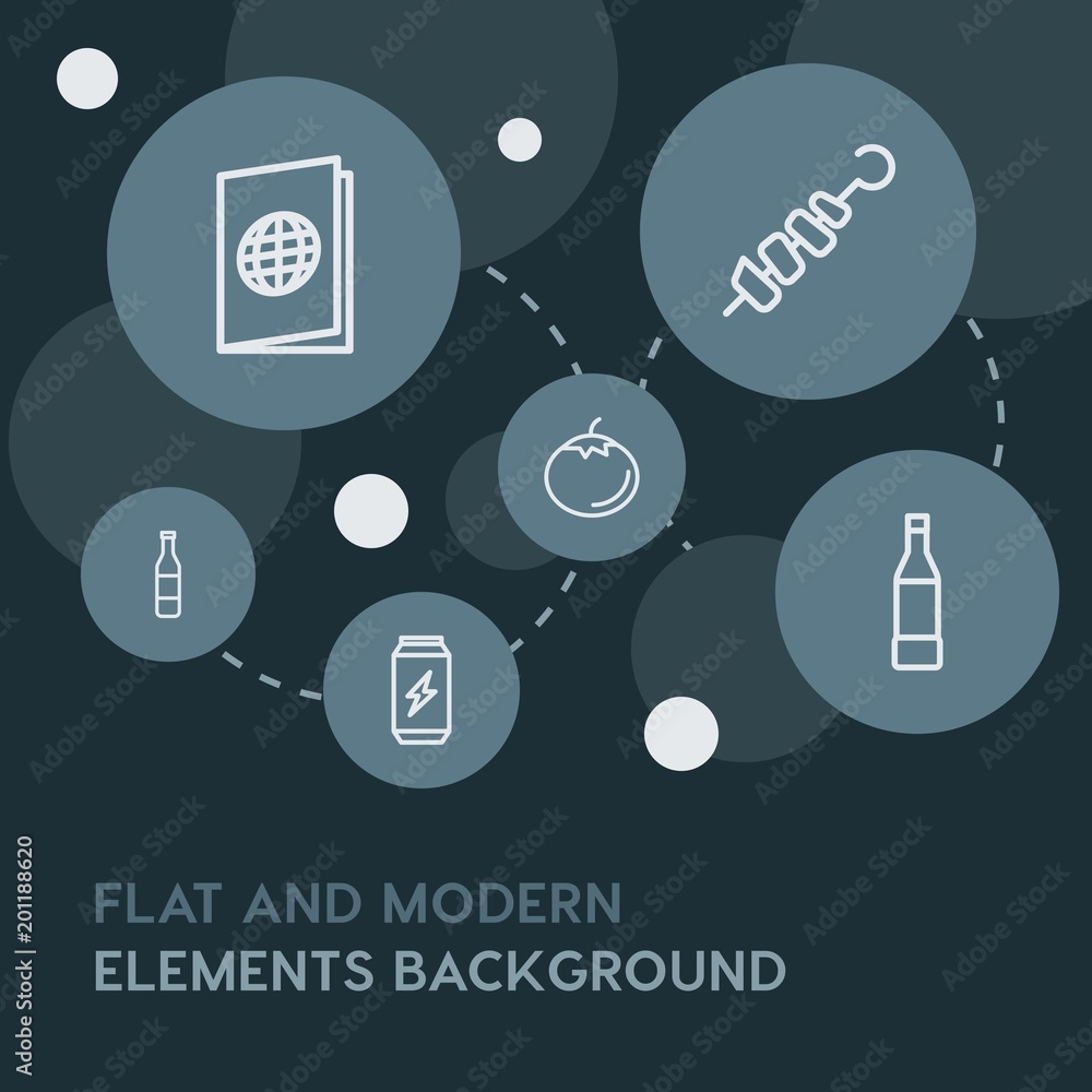 Poster food, drinks, travel outline vector icons and elements background with circle bubbles networks...mul