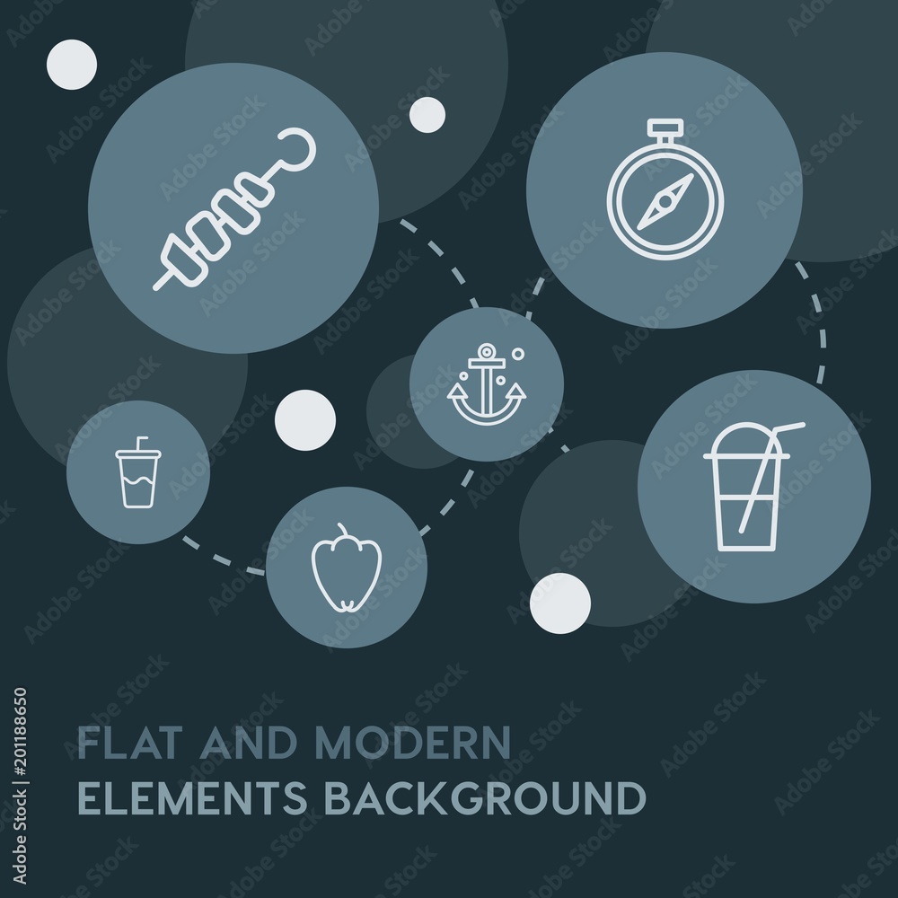 Poster food, drinks, travel outline vector icons and elements background with circle bubbles networks...mul