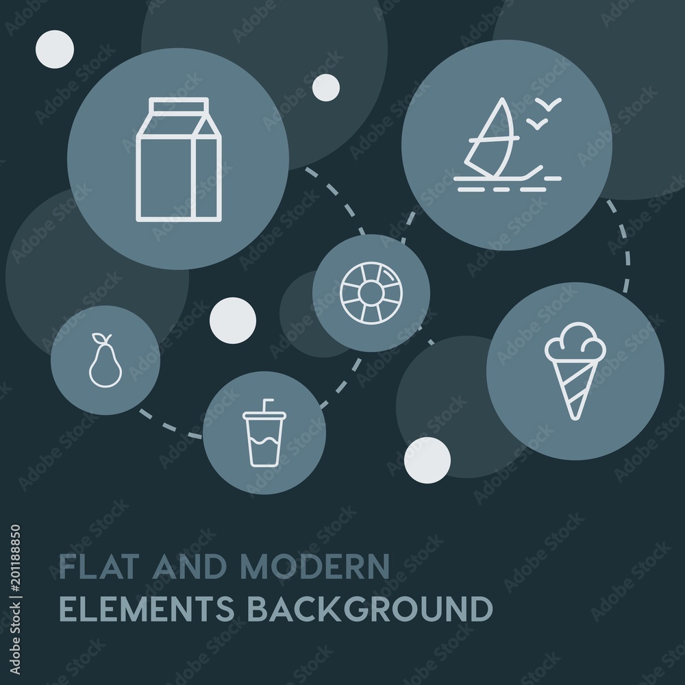 Poster food, drinks, travel outline vector icons and elements background with circle bubbles networks...mul