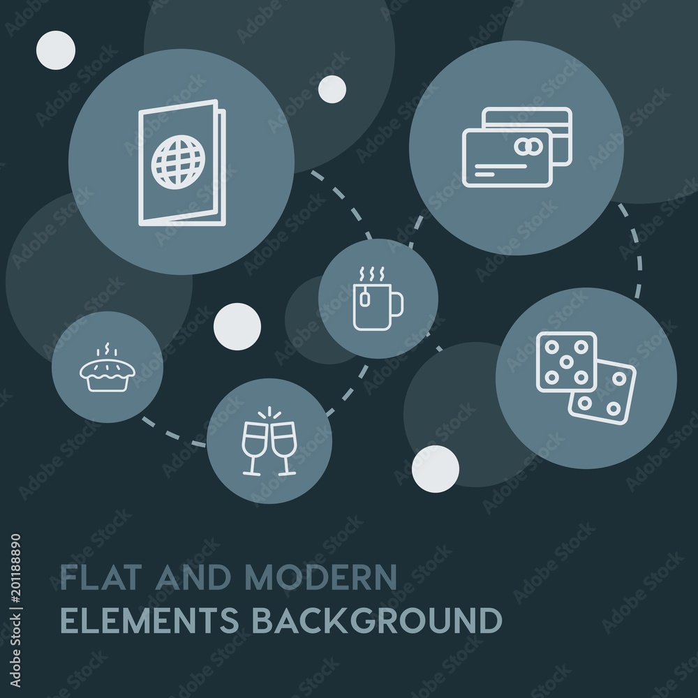 Poster food, drinks, travel outline vector icons and elements background with circle bubbles networks...mul