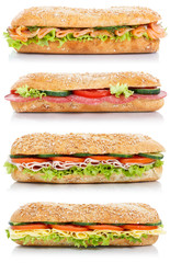 Collection of sub sandwiches with salami ham cheese salmon fish lateral portrait format isolated on white