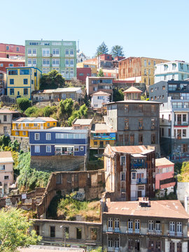 Houses on the hill. View on Cityscape of historical city Valparaiso, Chile.