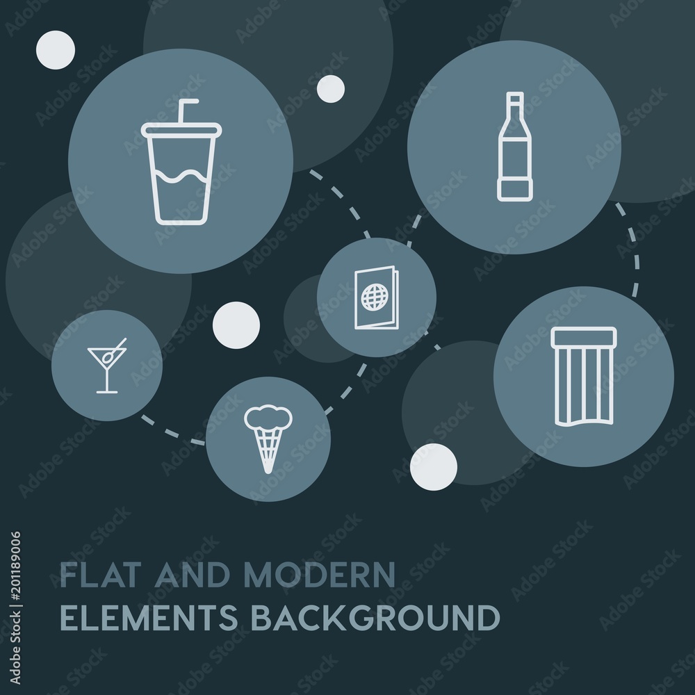 Poster food, drinks, travel outline vector icons and elements background with circle bubbles networks...mul