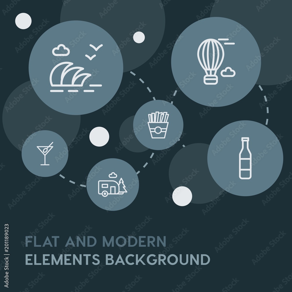 Poster food, drinks, travel outline vector icons and elements background with circle bubbles networks...Multipurpose use on websites, presentations, brochures and more