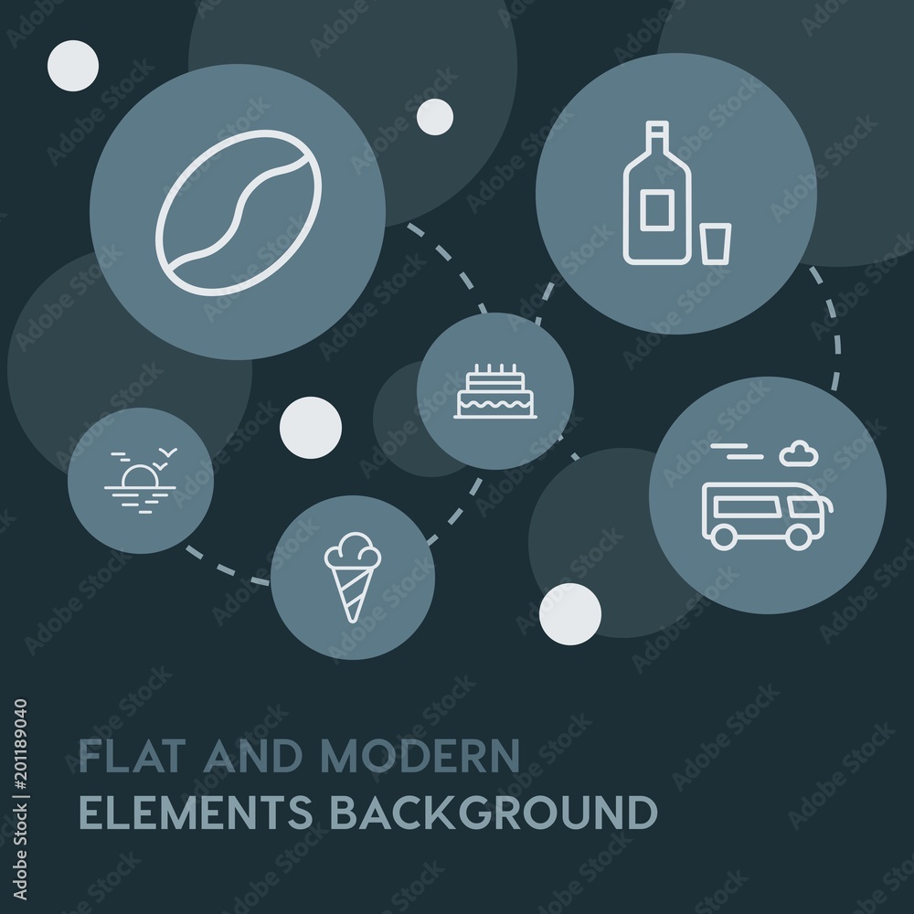 Poster food, drinks, travel outline vector icons and elements background with circle bubbles networks...mul