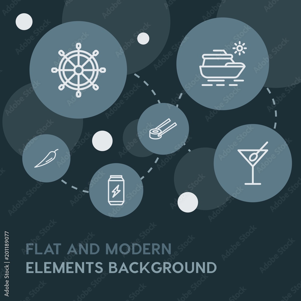 Poster food, drinks, travel outline vector icons and elements background with circle bubbles networks...mul