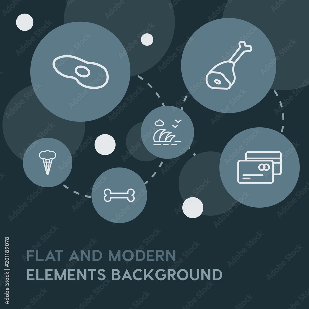 Poster food, drinks, travel outline vector icons and elements background with circle bubbles networks...mul