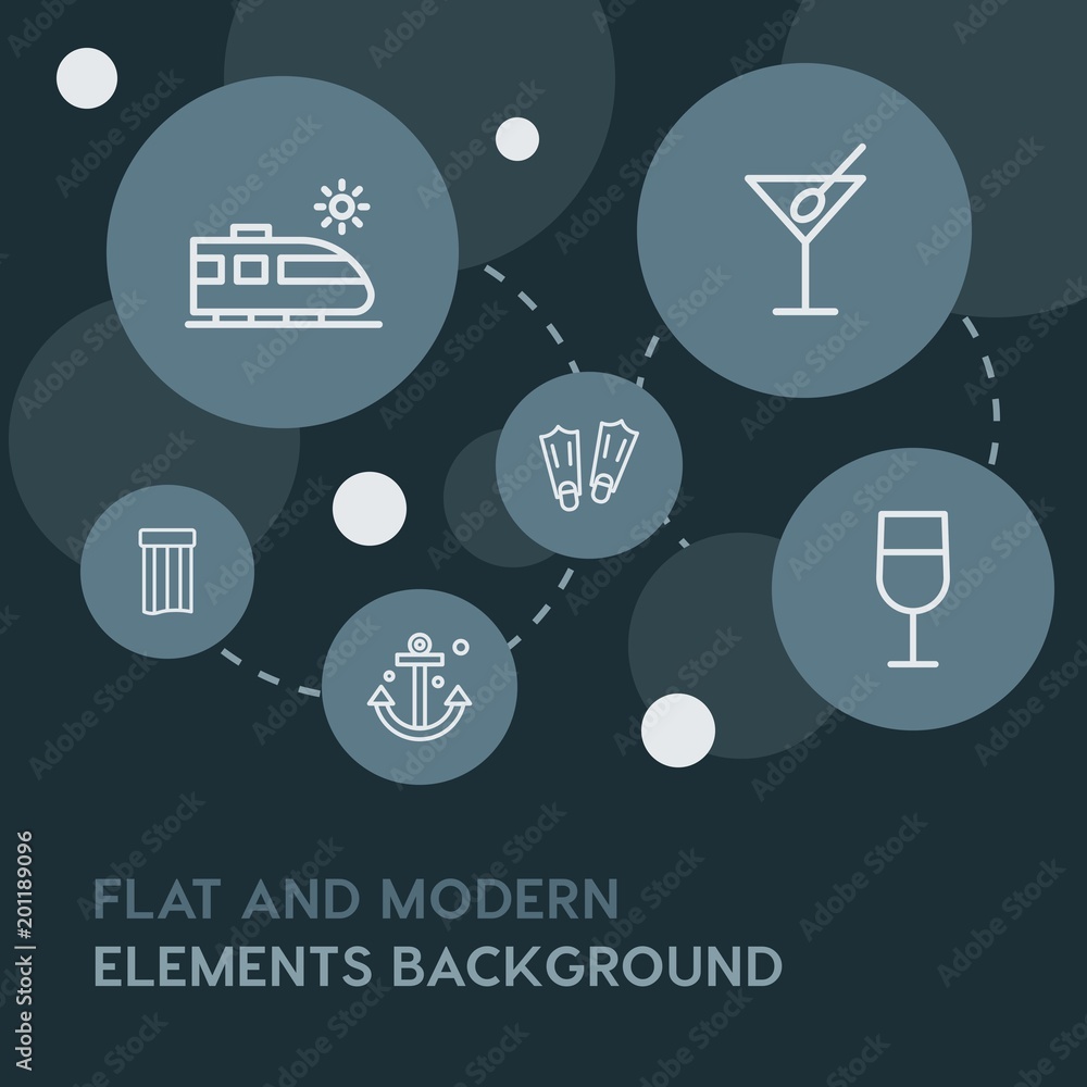 Poster food, drinks, travel outline vector icons and elements background with circle bubbles networks...mul