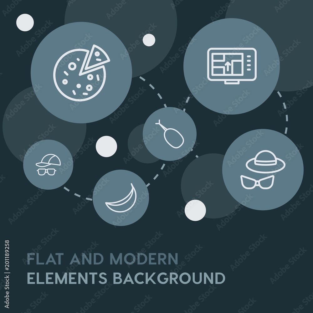 Poster food, drinks, travel outline vector icons and elements background with circle bubbles networks...mul