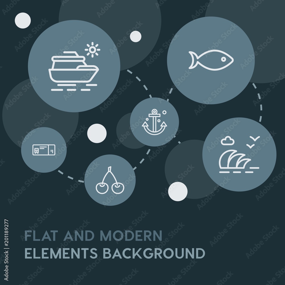Poster food, drinks, travel outline vector icons and elements background with circle bubbles networks...mul