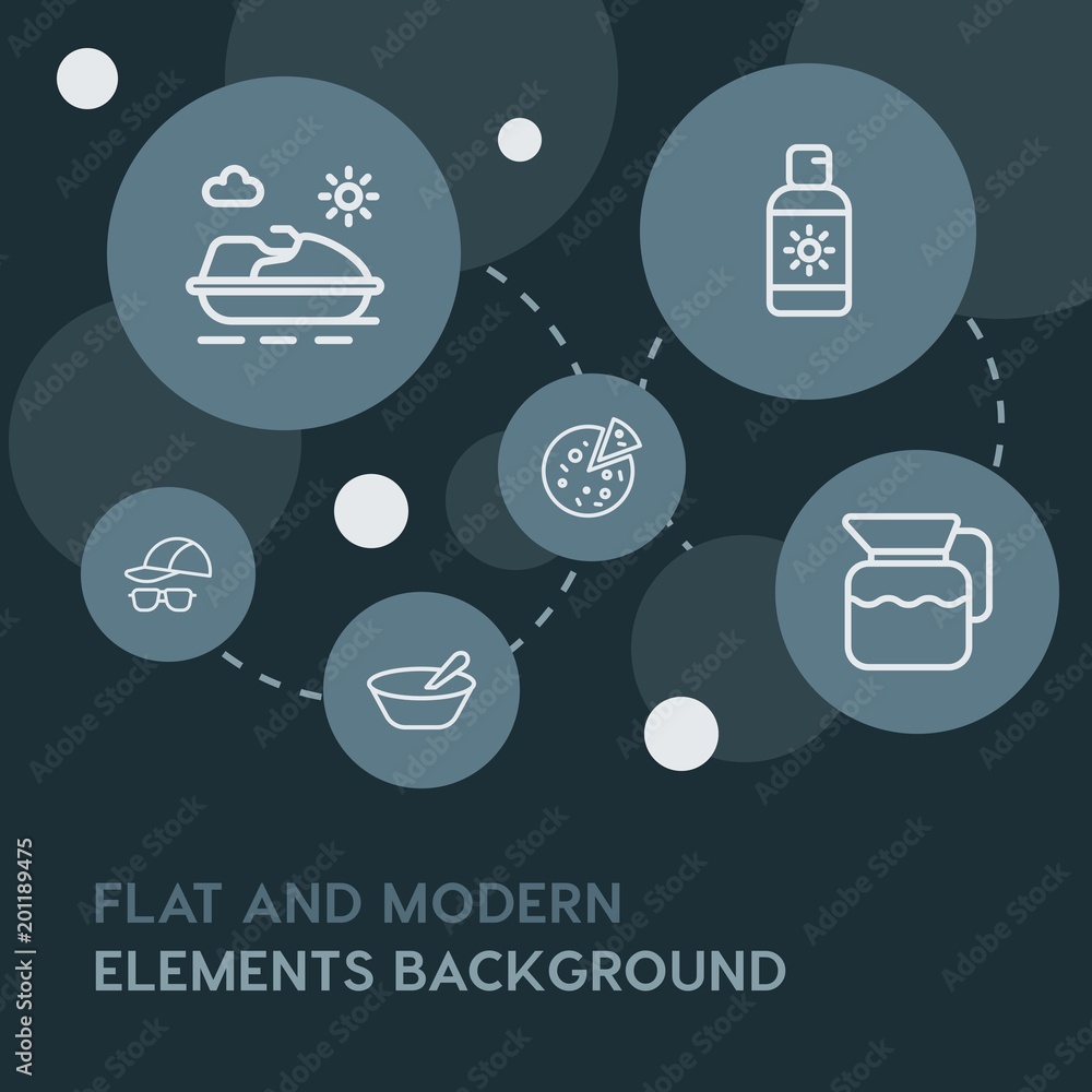 Poster food, drinks, travel outline vector icons and elements background with circle bubbles networks...mul