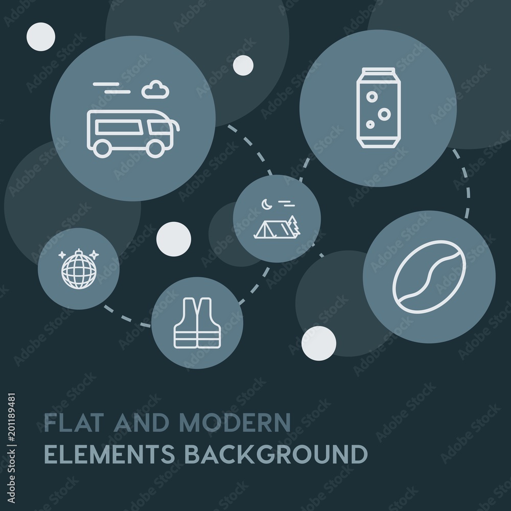 Poster food, drinks, travel outline vector icons and elements background with circle bubbles networks...mul