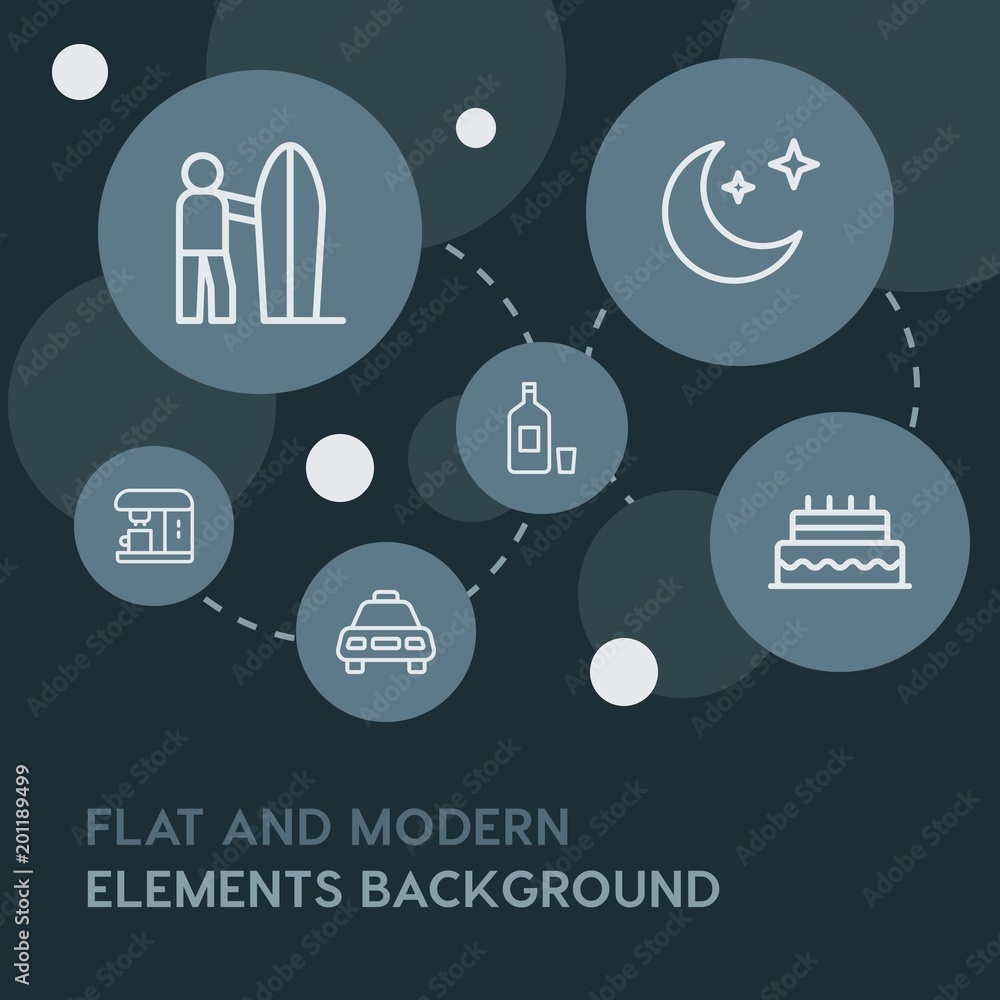 Poster food, drinks, travel outline vector icons and elements background with circle bubbles networks...mul