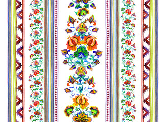 Eastern european embroidery motif - seamless floral border with decorative flowers, stripes. Watercolor