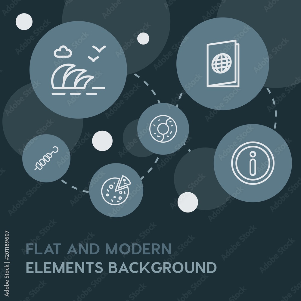 Poster food, drinks, travel outline vector icons and elements background with circle bubbles networks...mul