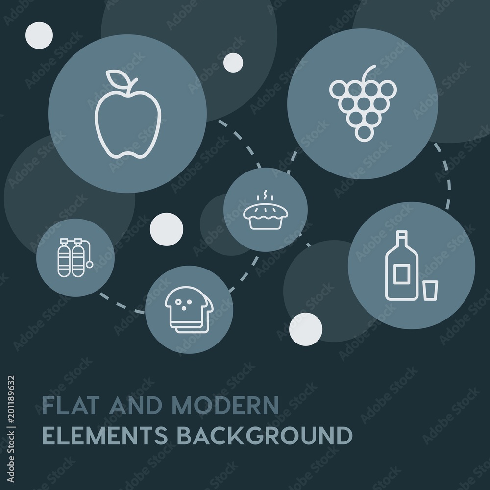 Poster food, drinks, travel outline vector icons and elements background with circle bubbles networks...mul