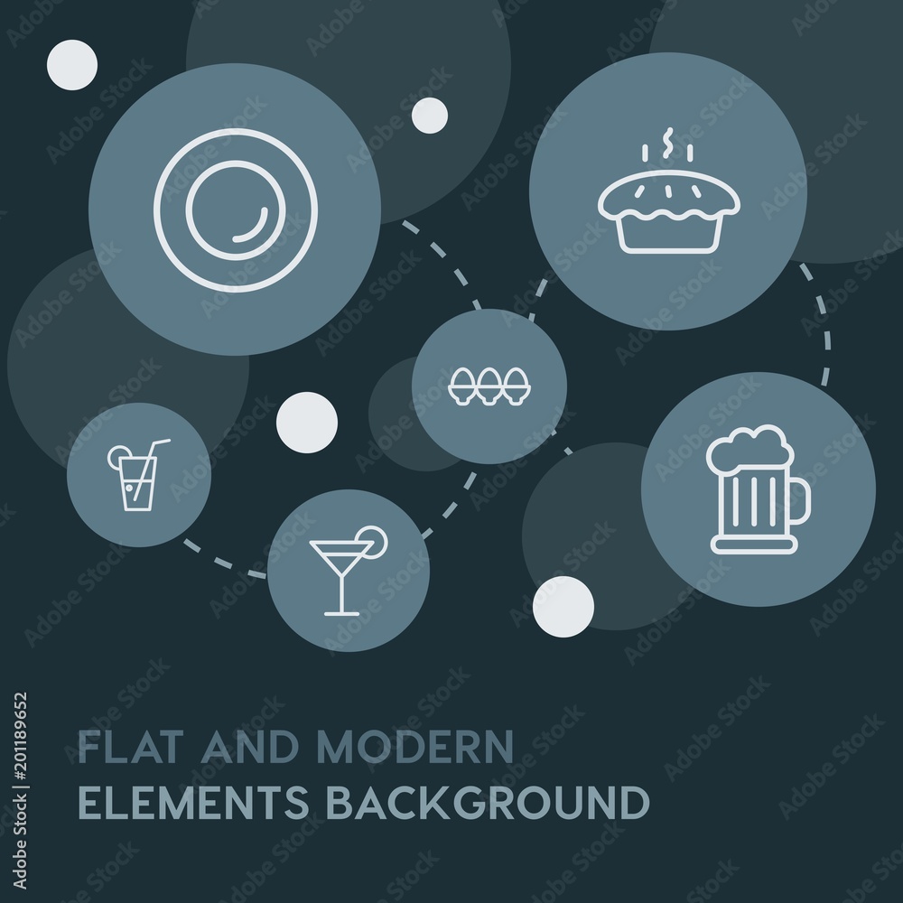 Poster food, drinks, travel outline vector icons and elements background with circle bubbles networks...mul