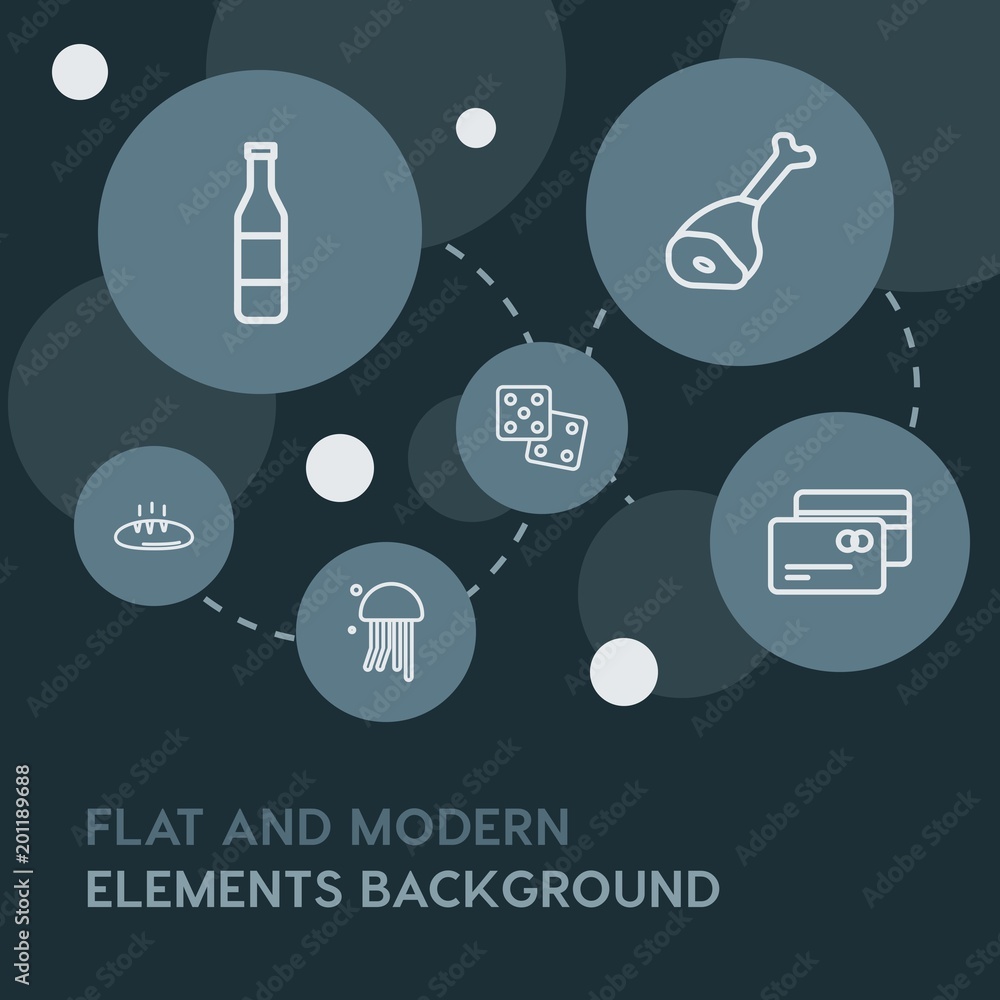 Poster food, drinks, travel outline vector icons and elements background with circle bubbles networks...mul