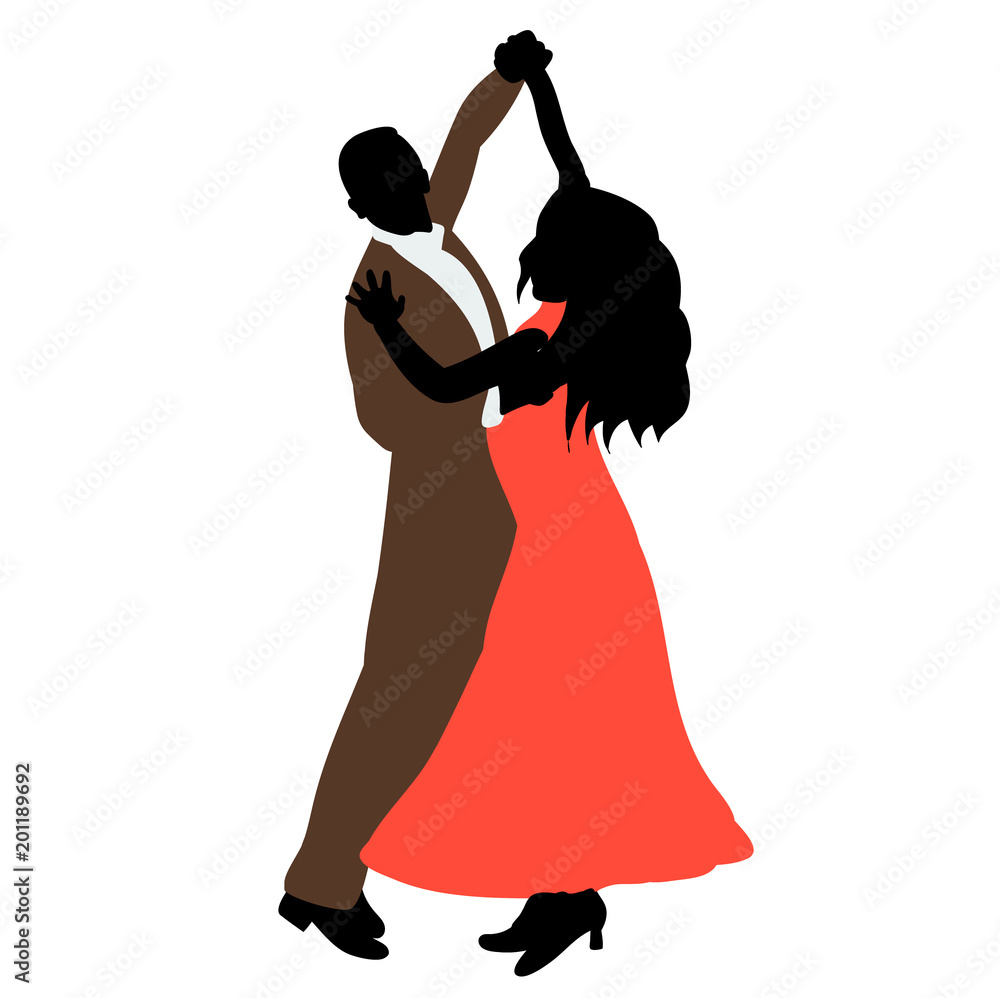 Sticker silhouette in colored clothes man and woman dancing, icon, vector, isolated