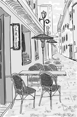 Fototapety  Uliczna kawiarnia w starym mieście ręcznie rysowane szkic ilustracji