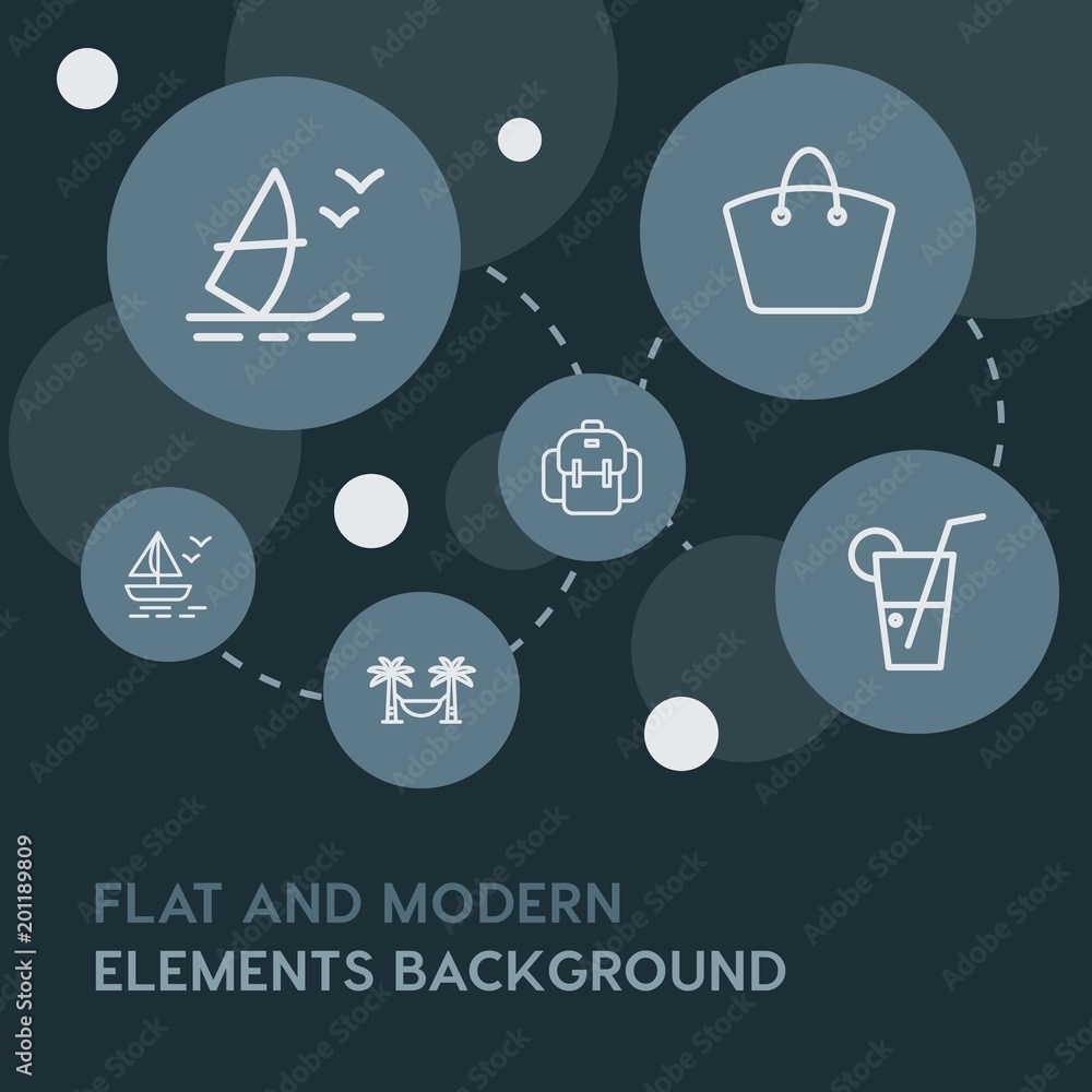 Poster food, drinks, travel outline vector icons and elements background with circle bubbles networks...mul