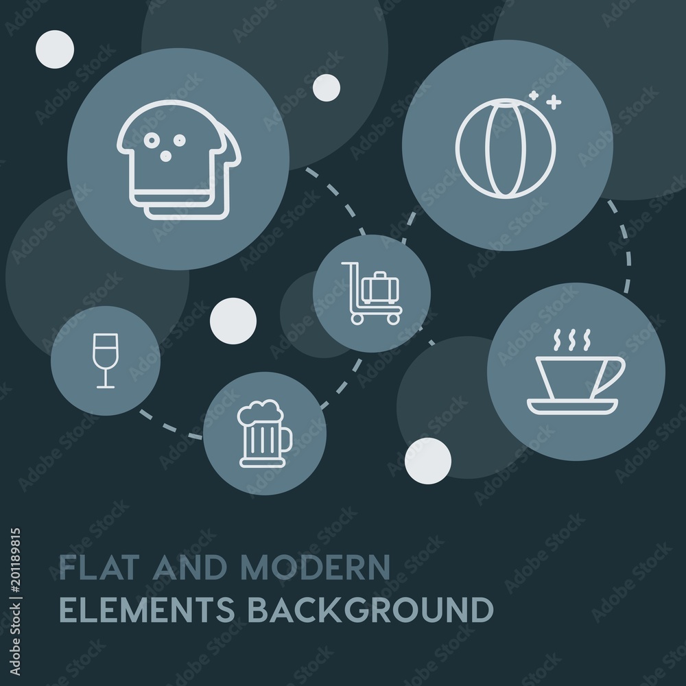 Poster food, drinks, travel outline vector icons and elements background with circle bubbles networks...mul