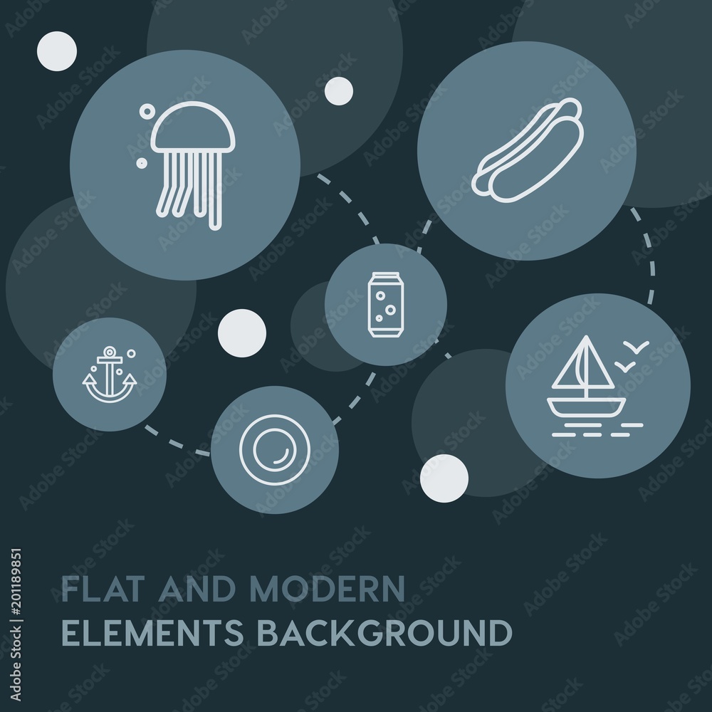 Poster food, drinks, travel outline vector icons and elements background with circle bubbles networks...mul