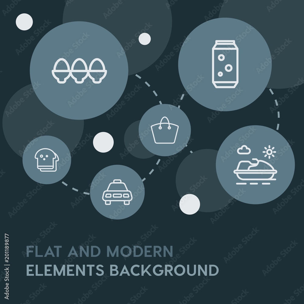Poster food, drinks, travel outline vector icons and elements background with circle bubbles networks...mul