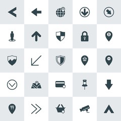 Modern Simple Set of location, arrows, security Vector fill Icons. ..Contains such Icons as  online, circle,  lock, right,  secure, shield and more on white background. Fully Editable. Pixel Perfect.