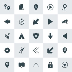 Modern Simple Set of location, arrows, security Vector fill Icons. ..Contains such Icons as folder,  icon, left,  unlock,  technology,  up and more on white background. Fully Editable. Pixel Perfect.