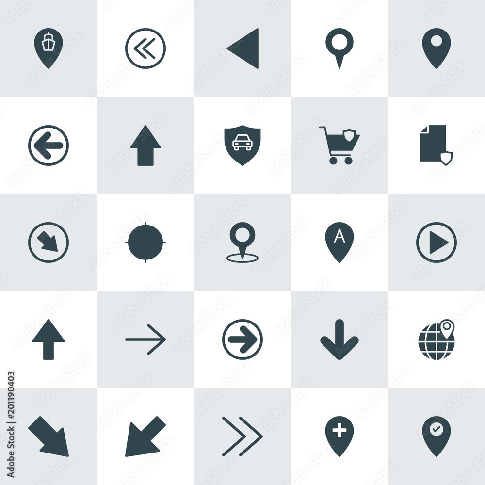 Poster modern simple set of location, arrows, security vector fill icons. ..contains such icons as travel, 