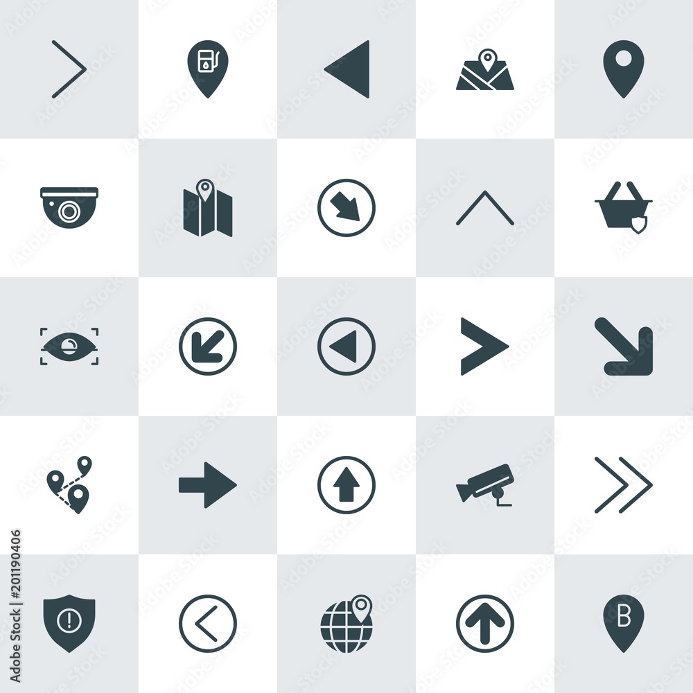 Poster modern simple set of location, arrows, security vector fill icons. ..contains such icons as map, pet