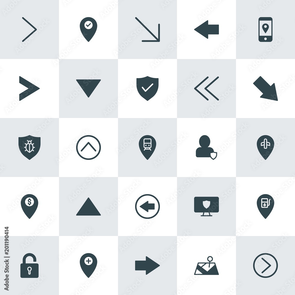 Poster modern simple set of location, arrows, security vector fill icons. ..contains such icons as diagonal