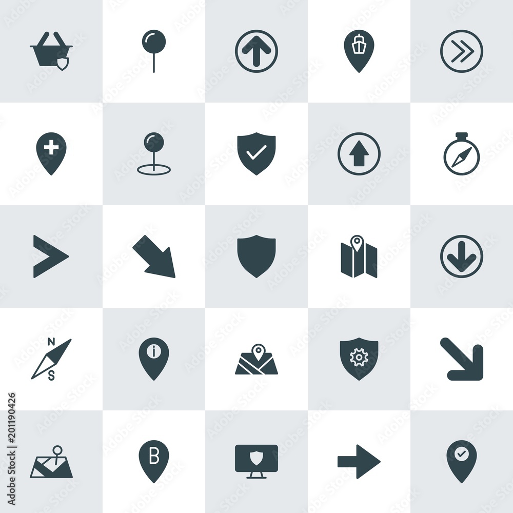 Poster modern simple set of location, arrows, security vector fill icons. ..contains such icons as cursor, 