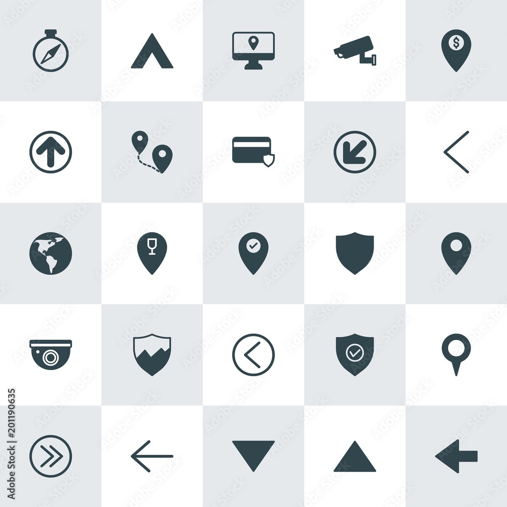 Poster modern simple set of location, arrows, security vector fill icons. ..contains such icons as airport,