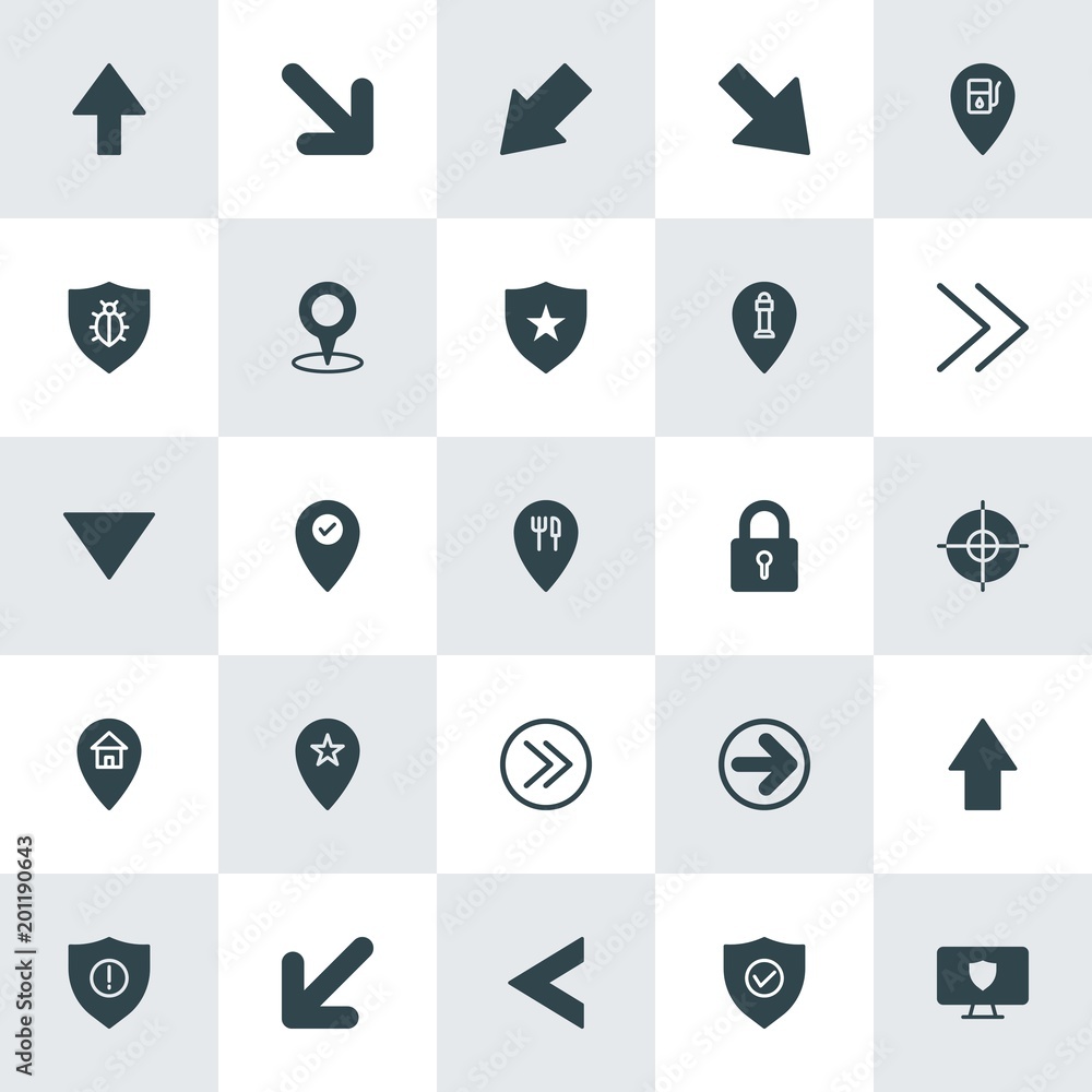 Poster modern simple set of location, arrows, security vector fill icons. ..contains such icons as up, vect