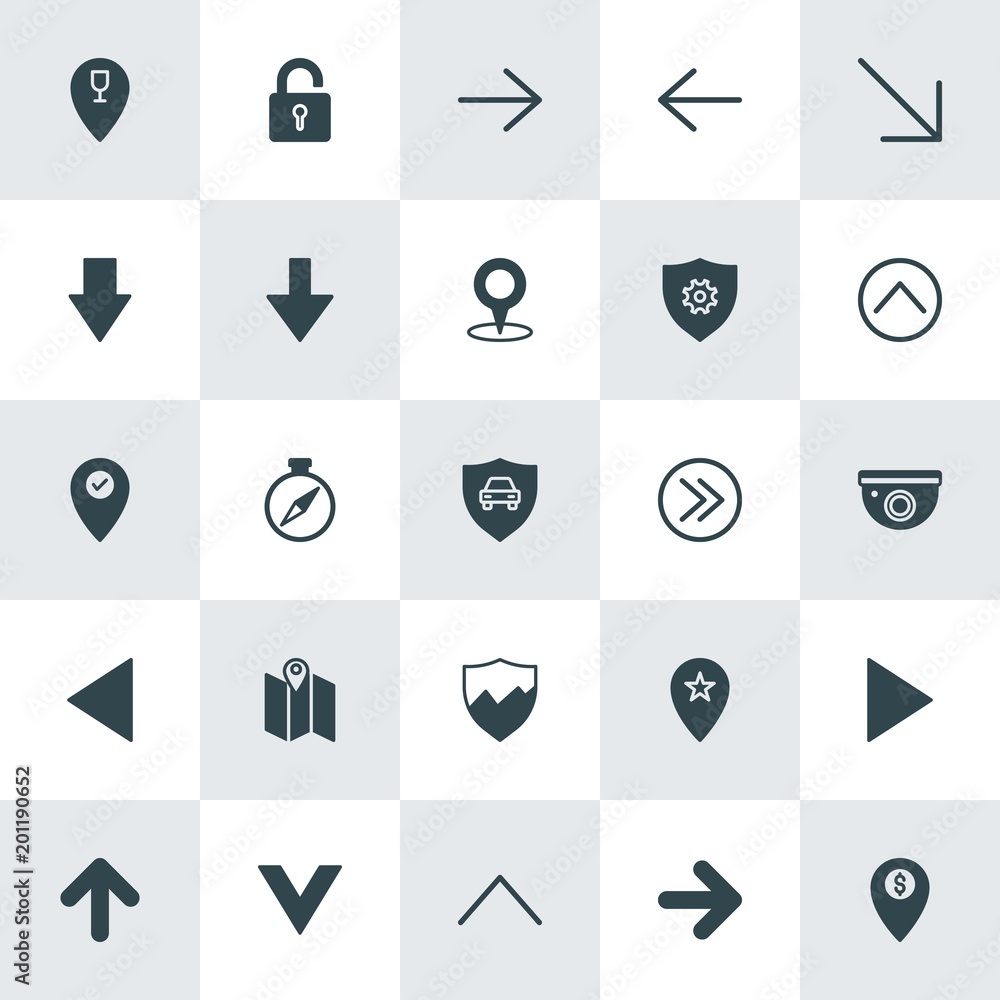 Poster modern simple set of location, arrows, security vector fill icons. ..contains such icons as bank, se