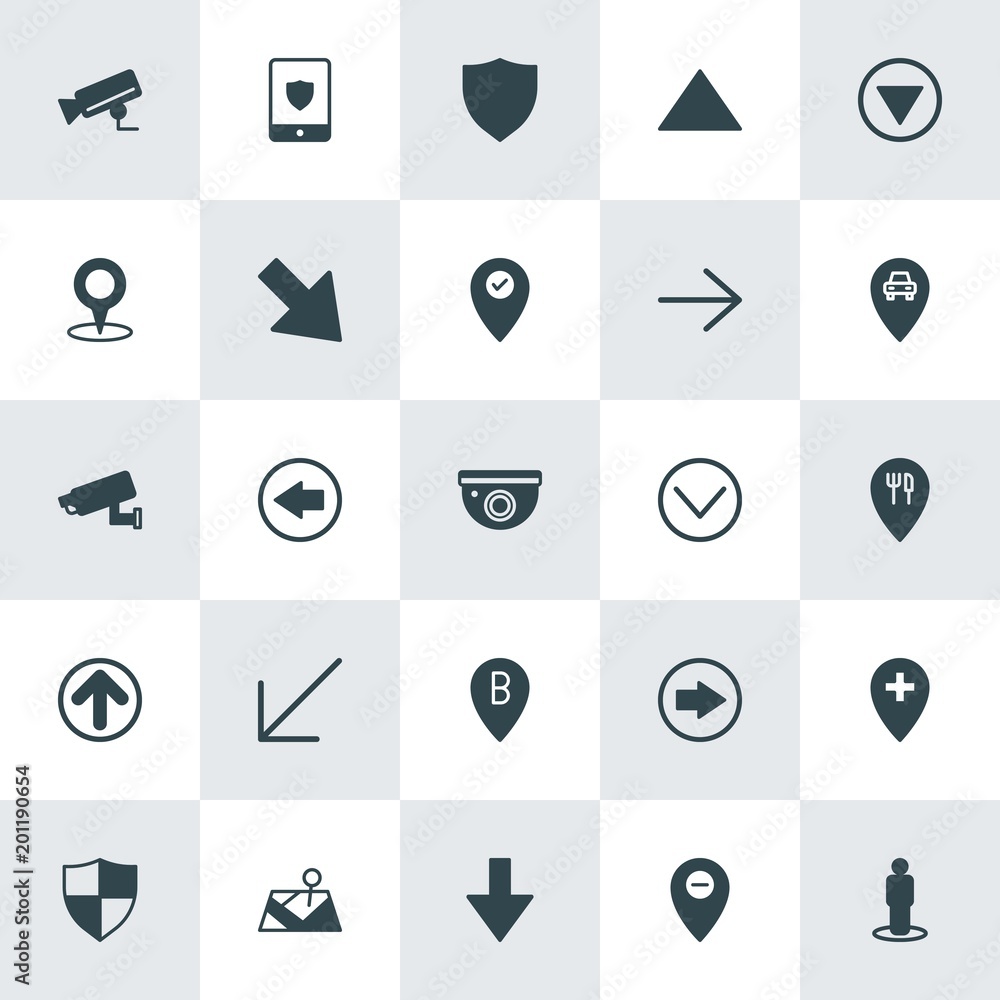 Poster modern simple set of location, arrows, security vector fill icons. ..contains such icons as camera, 